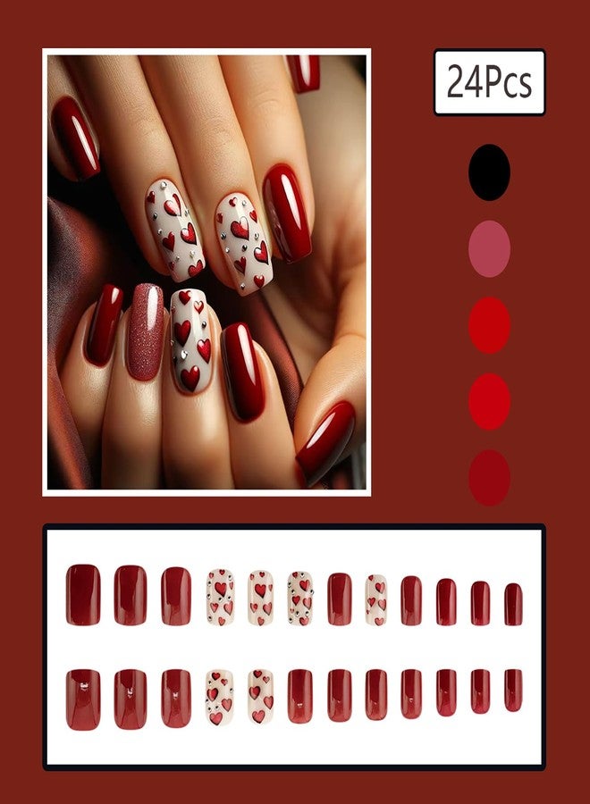 GRITOSE 24Pcs Valentine’s Day Glitter Press on Nails Square Medium Fake Nails with Glue Red Full Cover Nails Press ons Valentines Heart False Nails with Rhinestone Design Artificial Stick on Nail for Women - Image 2